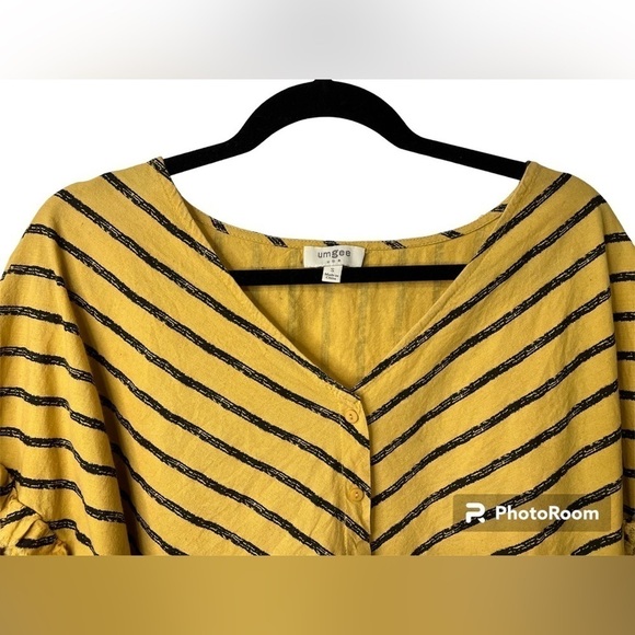 Umgee Bell Ruffle Sleeve Striped V-Neck Button Front Top with Tie and Scoop Hem - Picture 5 of 5